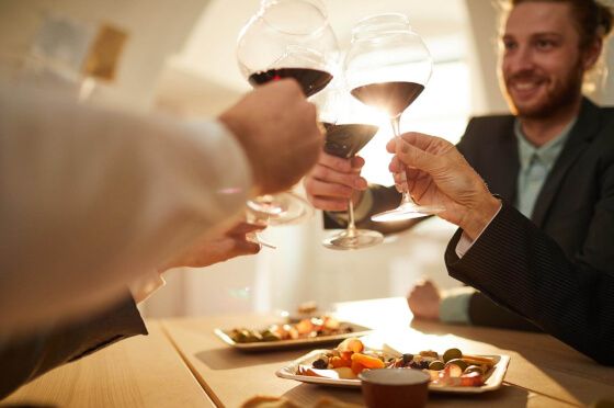 Compañeros brindan con un vino español